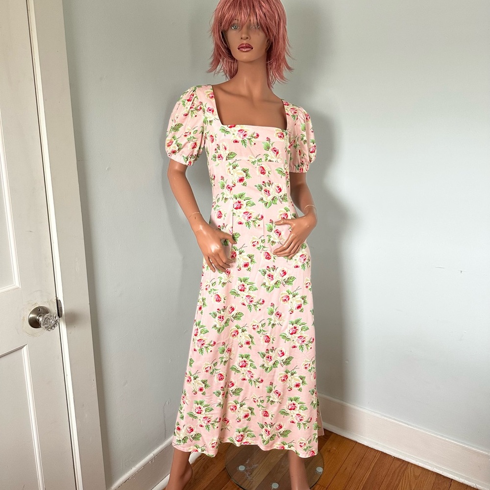 NWOT Handmade Floral Pink Puff Sleeve Dress